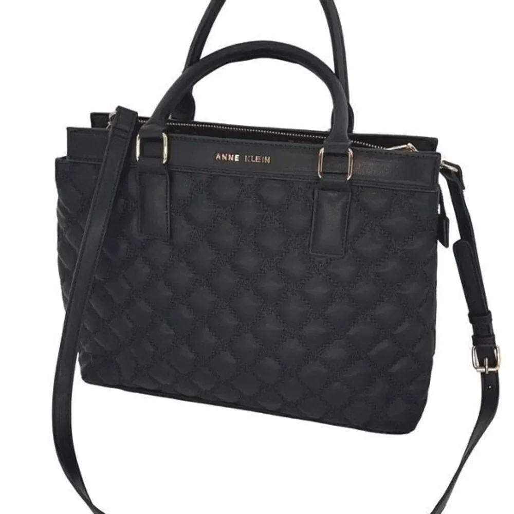 Ann Klein Womens Quilted Double Handles Satchel Bag Black One Size NWOT‎